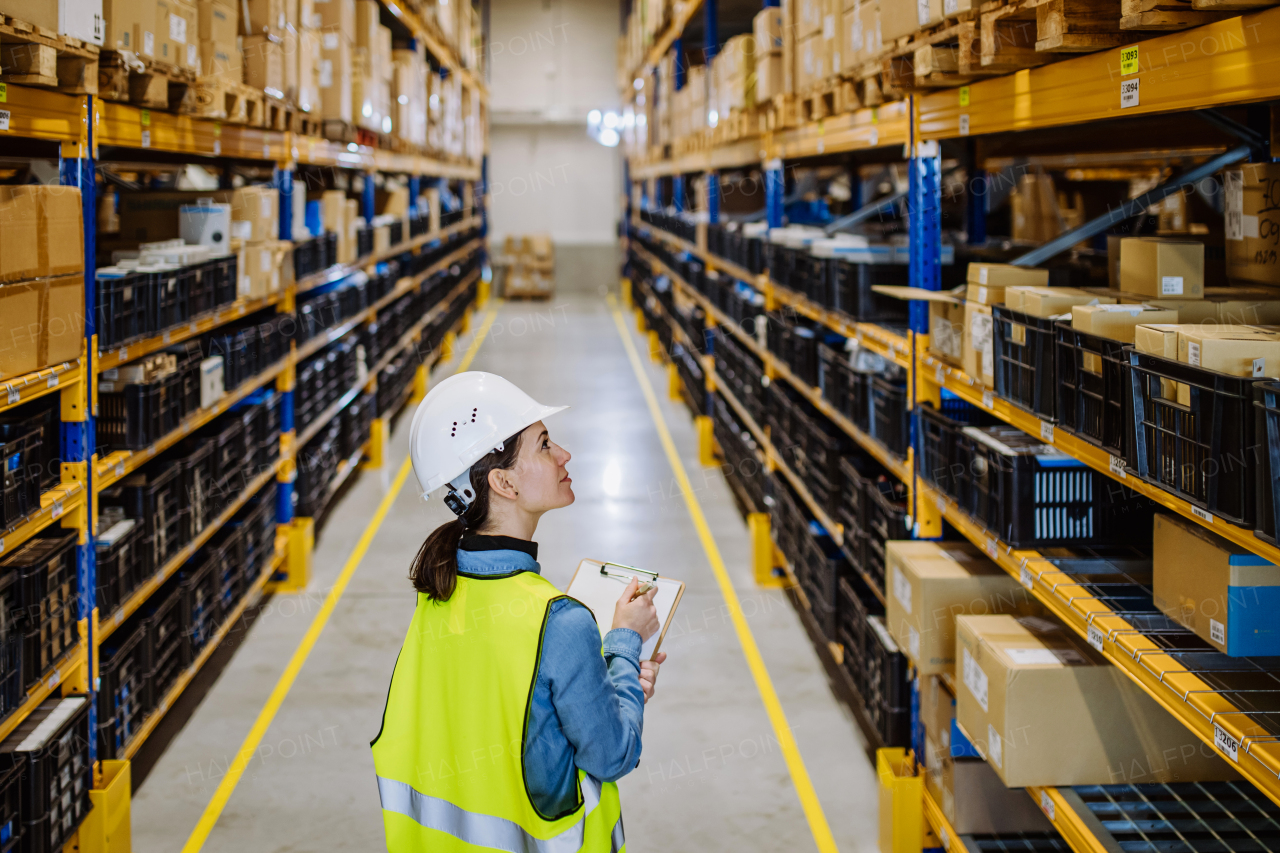 Warehouse female worker checking up stuff in warehouse.