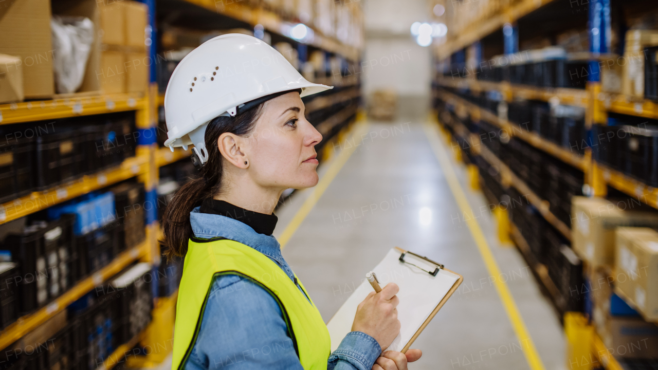 Warehouse female worker checking up stuff in warehouse.