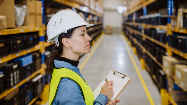 Warehouse female worker checking up stuff in warehouse.