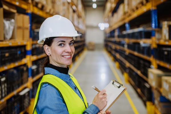 Warehouse female worker checking up stuff in warehouse.