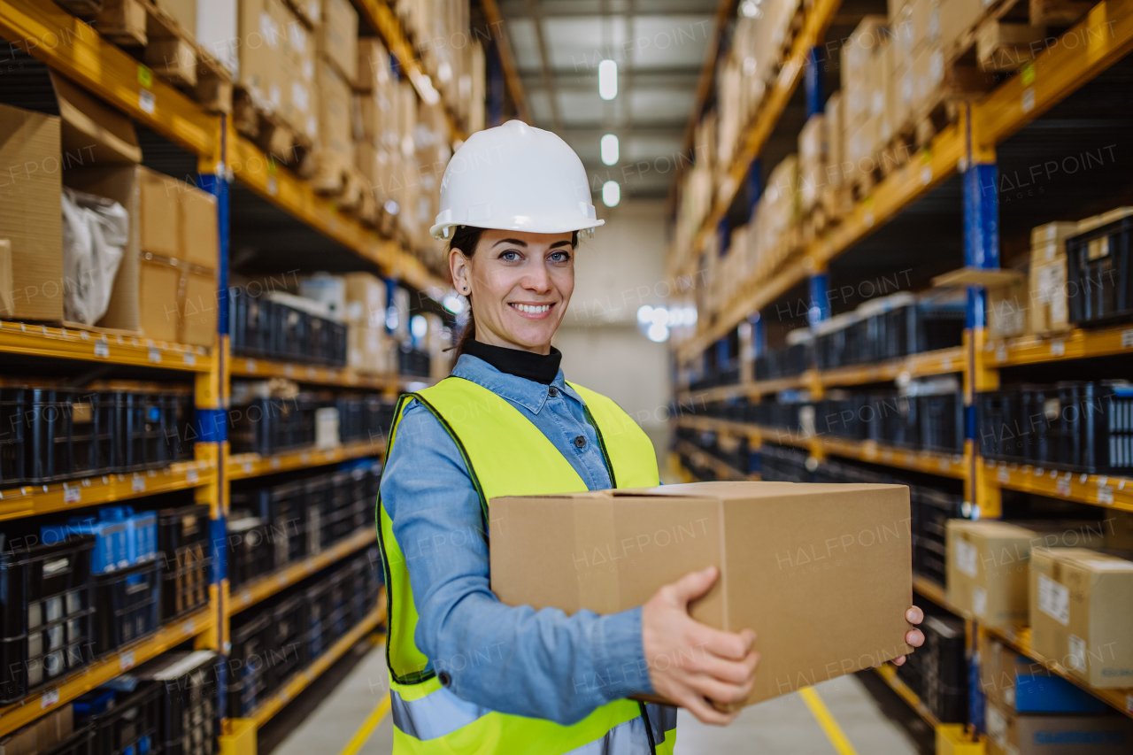 Warehouse female worker checking up stuff in warehouse.