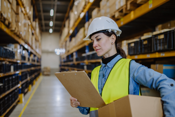 Warehouse female worker checking up stuff in warehouse.