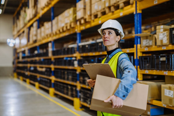 Warehouse female worker checking up stuff in warehouse.