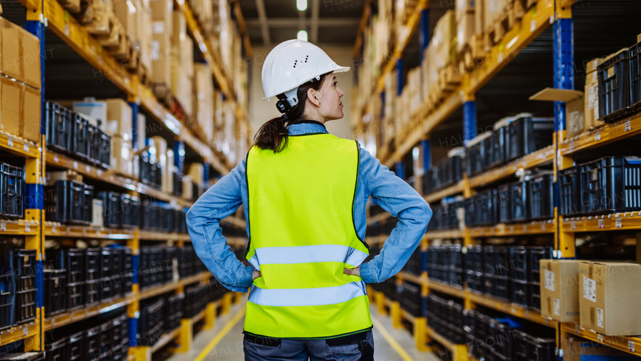 Rear view of warehouse female worker checking up stuff in warehouse.