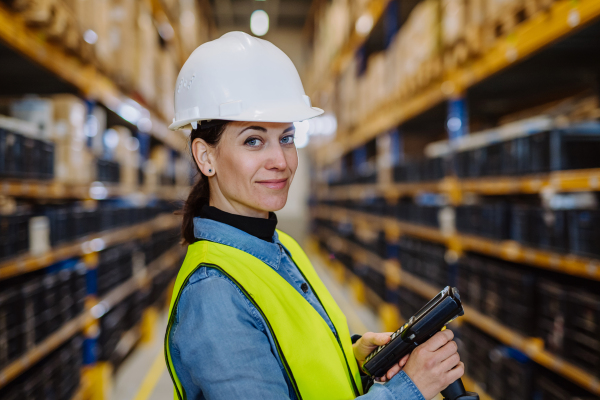 Warehouse female worker checking up stuff in warehouse.