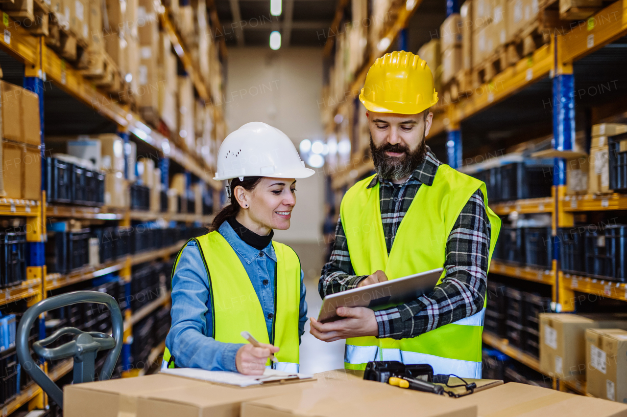 Warehouse workers checking stuff in warehouse with digital system in a tablet, holding a solar panel.