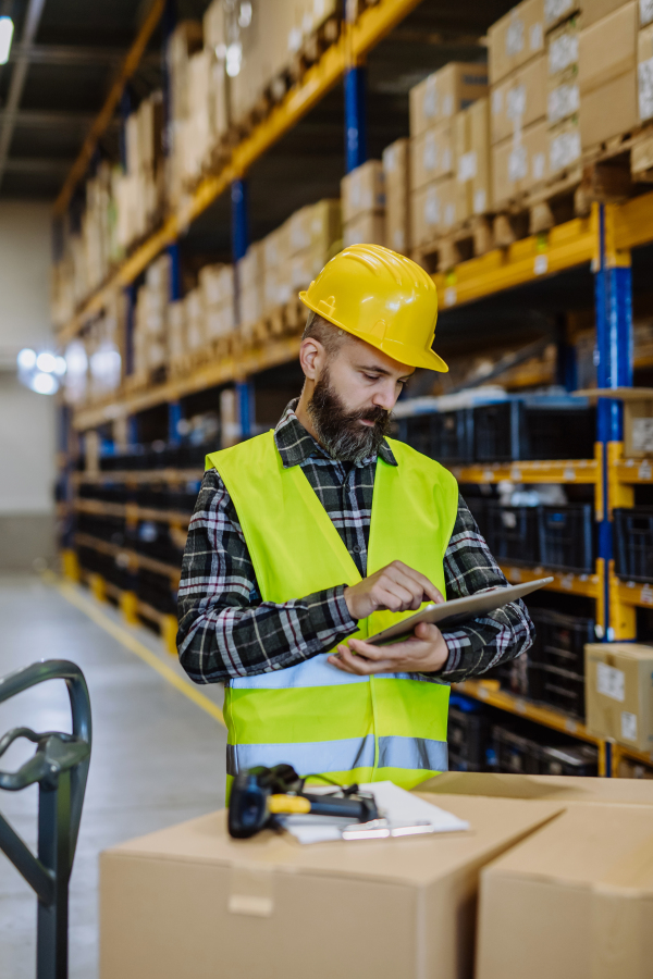 Warehouse worker stocking goods in warehouse.