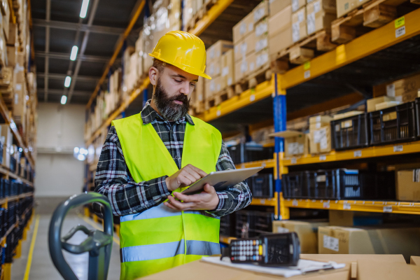 Warehouse worker stocking goods in warehouse.