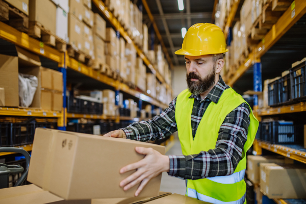 Warehouse worker stocking goods in warehouse.