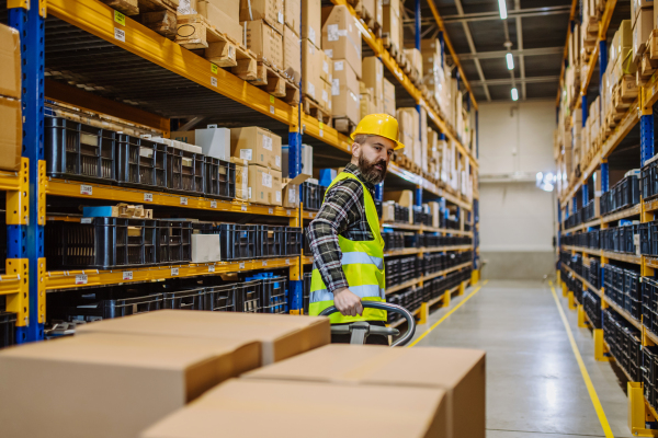 Male warehouse worker dragging the pallet truck.