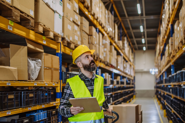 Warehouse worker stocking goods in warehouse.