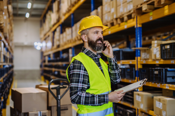 Warehouse worker calling and checking up stuff in warehouse.