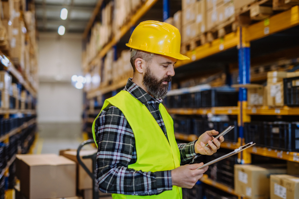 Warehouse worker checking up stuff in warehouse.