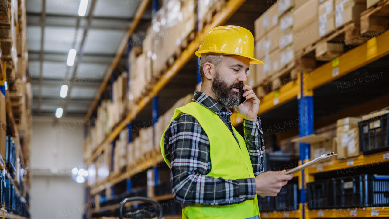 Warehouse worker checking up stuff in warehouse.