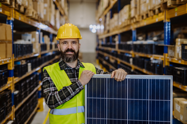 Portrait of warehouse worker with a solar panel.