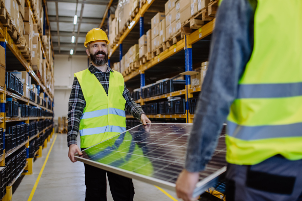 Warehouse workers in a reflective vests carring the solar panel.