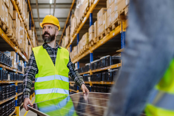 Warehouse workers in a reflective vests carring the solar panel.