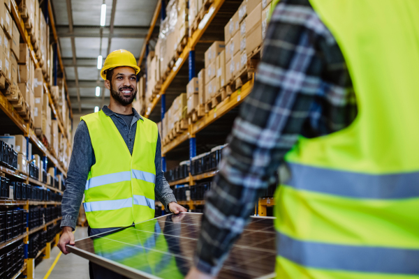 Happy warehouse workers carring a solar panel.