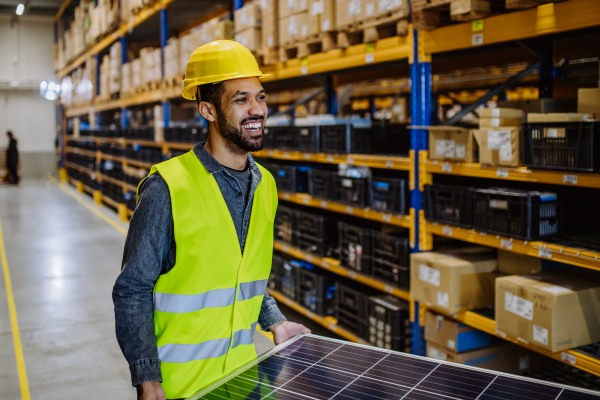 Portrait of warehouse worker carring a solar panel.