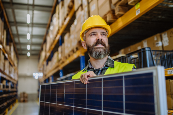 Portrait of warehouse worker with a solar panel.