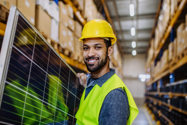 Happy warehouse worker carring a solar panel.