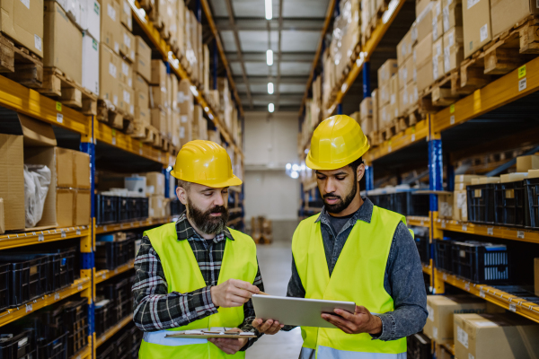 Warehouse workers checking stuff in warehouse with digital system in a tablet.