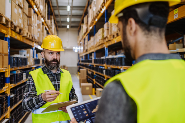 Warehouse workers checking stuff in warehouse with digital system in a tablet.