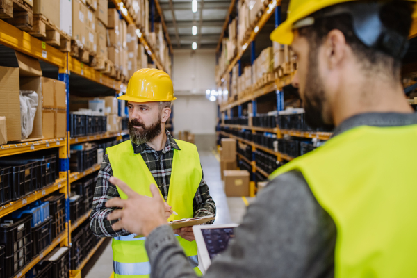 Warehouse workers checking stuff in warehouse with digital system in a tablet.