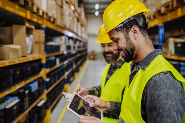 Warehouse workers checking stuff in warehouse with digital system in a tablet.