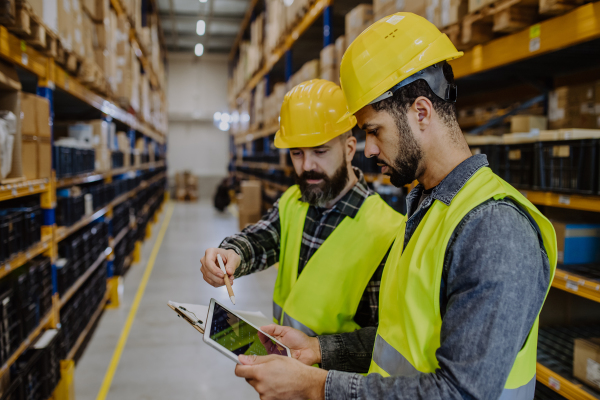 Warehouse workers checking stuff in warehouse with digital system in a tablet.