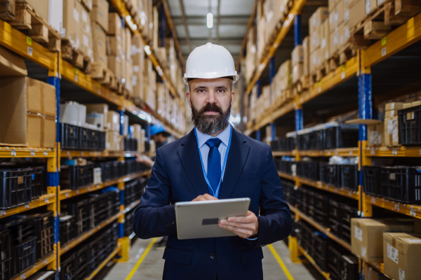 Manager in suit controlling goods in warehouse.