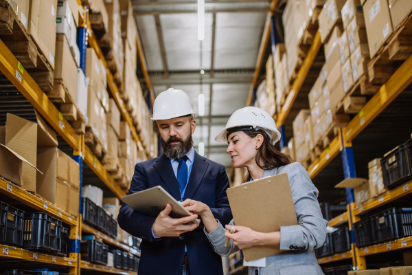 Managers in suit controlling goods in warehouse.