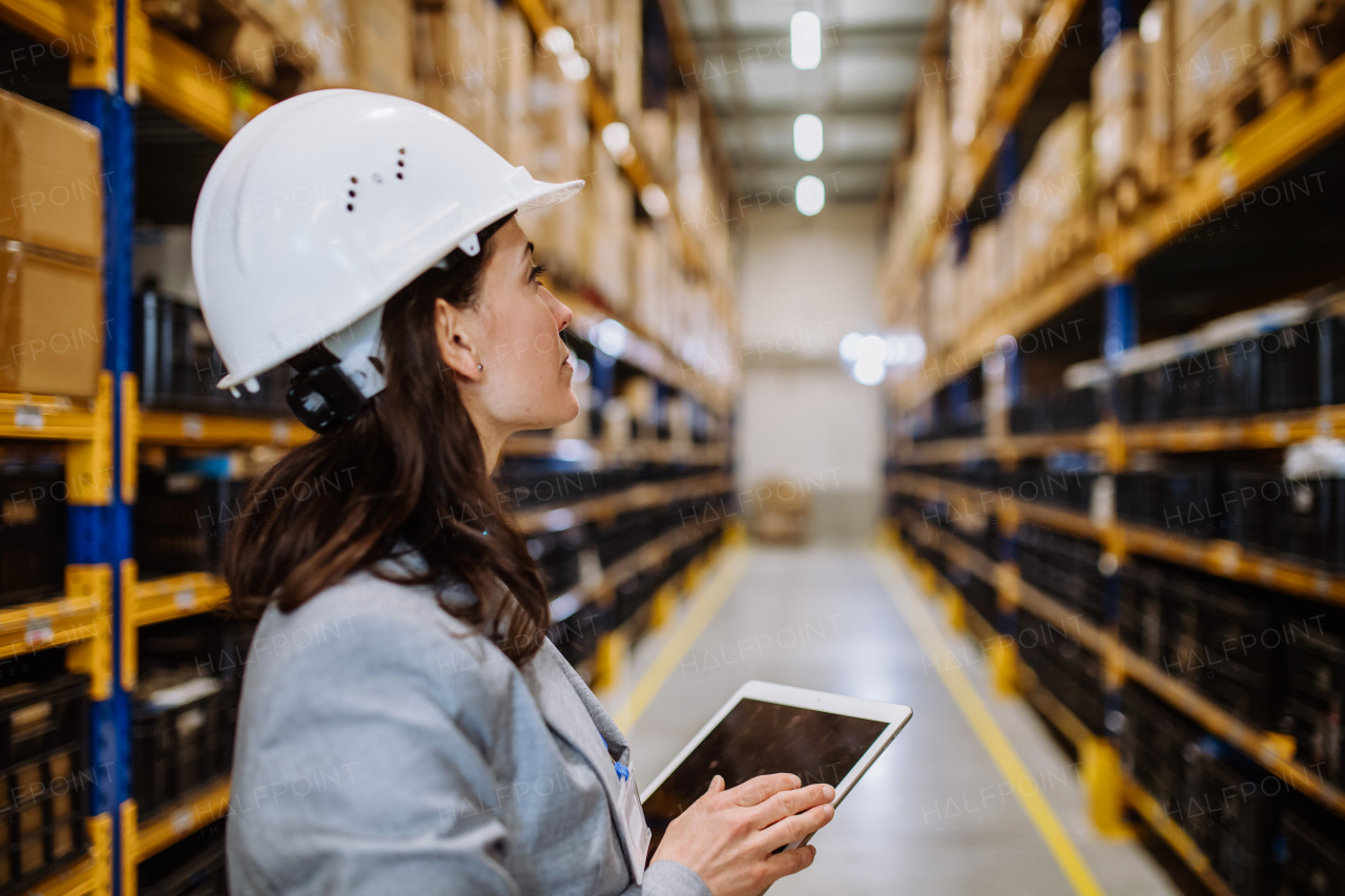 Manager woman in suit controlling goods in warehouse.