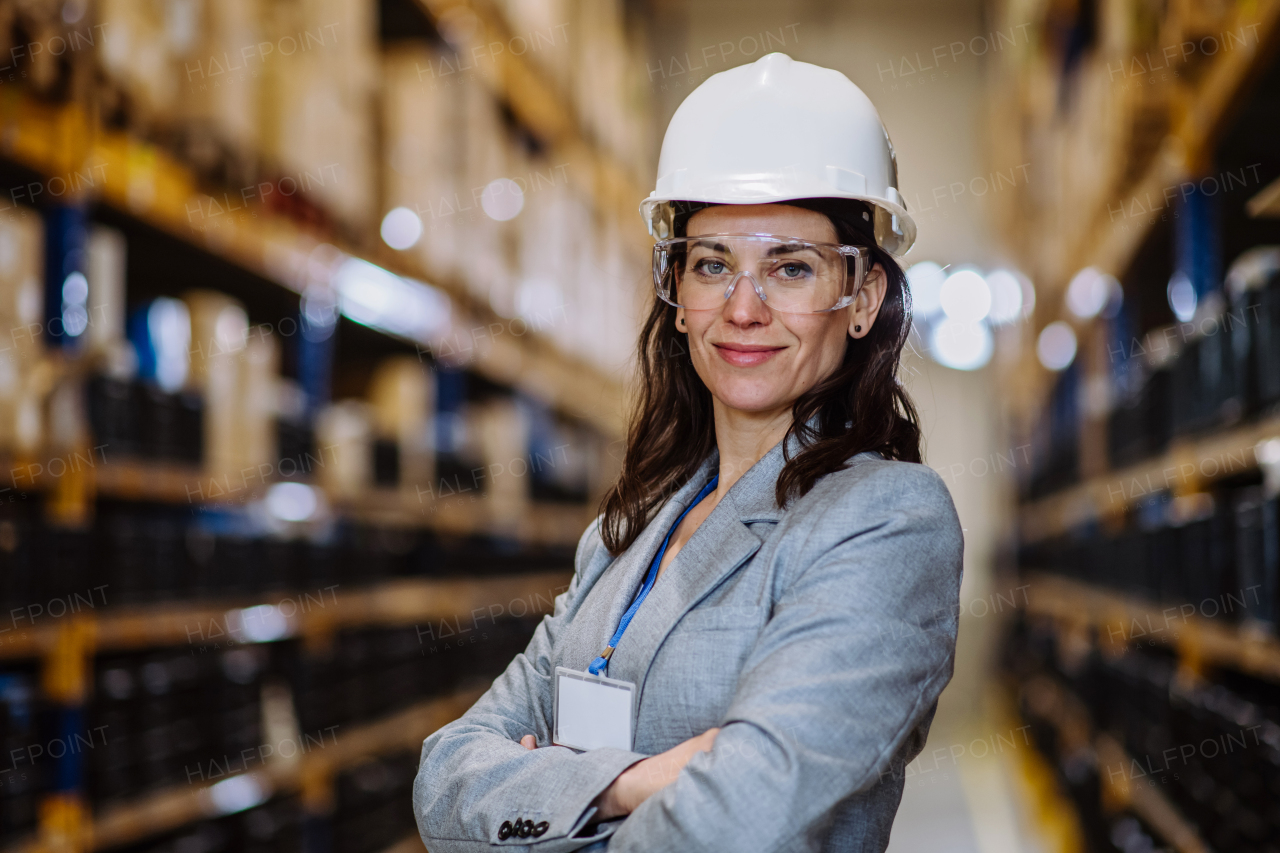 Manager woman in suit controlling goods in warehouse.