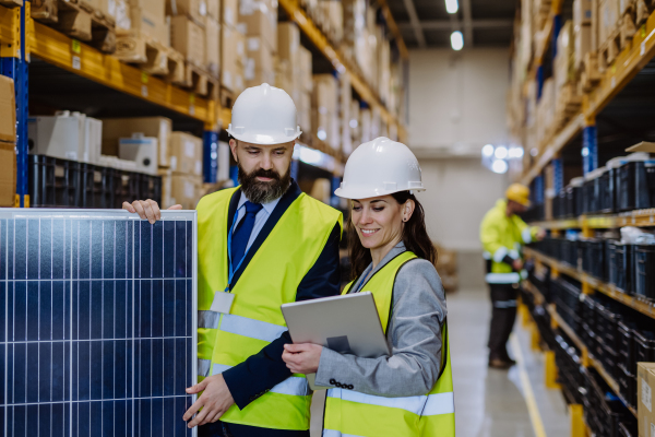 Warehouse workers checking stuff in warehouse with digital system in a tablet, holding a solar panel.