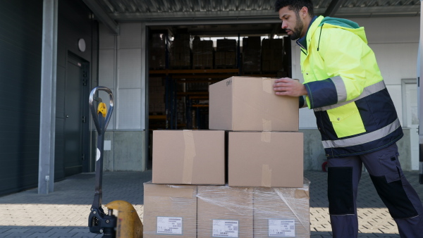 Warehouse worker unloading goods from van in a warehouse.