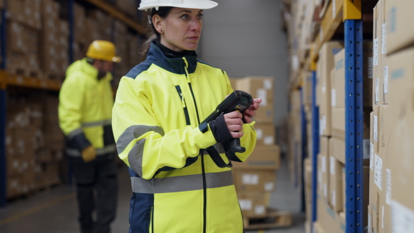 Warehouse female worker checking up stuff in warehouse.