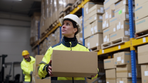 Female warehouse worker stocking goods in warehouse.