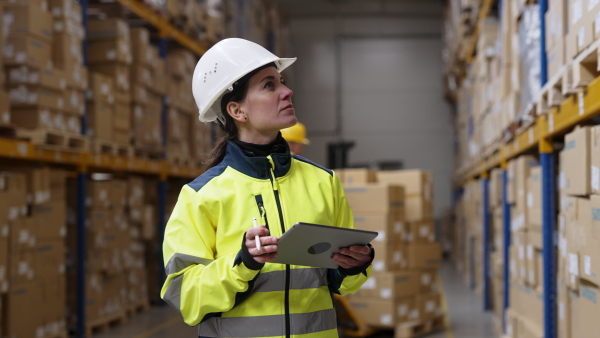 Warehouse female worker checking up stuff in warehouse.