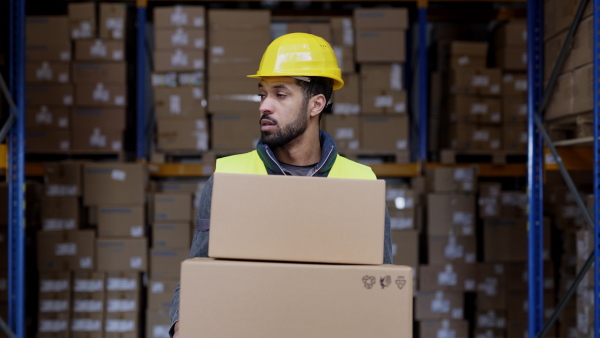 Warehouse worker stocking goods in warehouse.