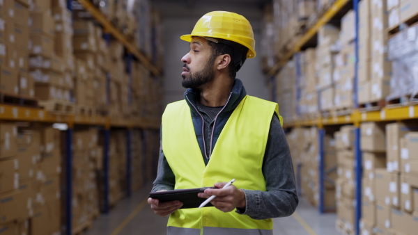 Warehouse male worker checking up stuff in warehouse.