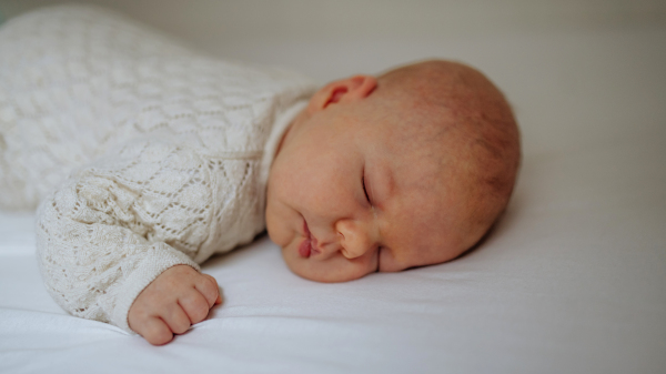 Portrait of cute little baby sleeping in bed, lying on on belly, closed eyes.