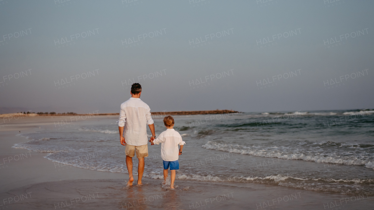 Rear view of father and his son walking on the beach, enjoying exotic vacation.