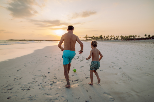 Rear view of father with his son plaing football on a beach.