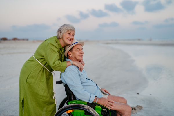 Senior man on wheelchair enjoying together time with his wife at the sea.