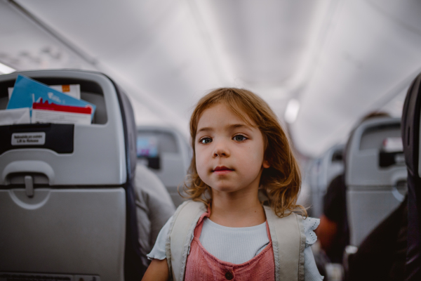 Smiling little girl with backpack standing in aisle in the plane.