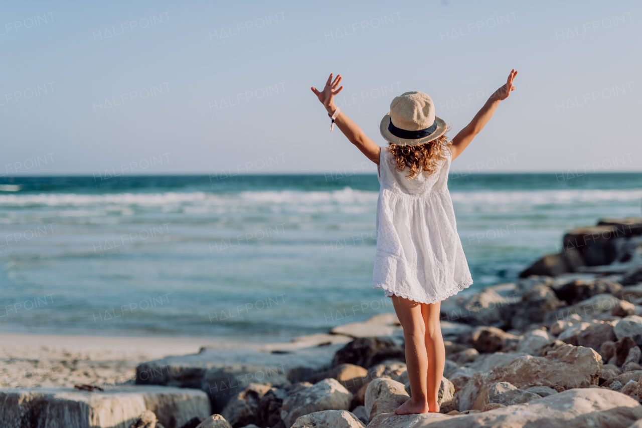 Rear view of little girl looking at the ocean.