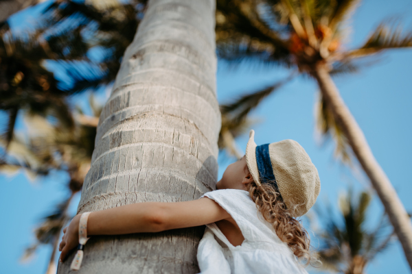 Little girl hugging palm tree during the tropical vacation.