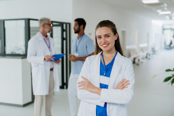 Portrait of young woman doctor at a hospital corridor.