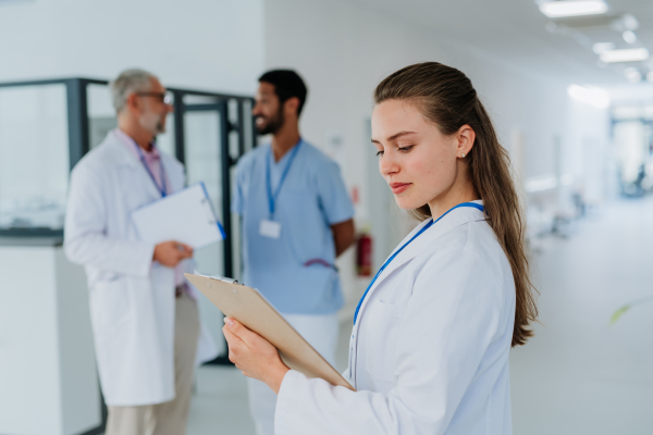 Portrait of young woman doctor at a hospital corridor.